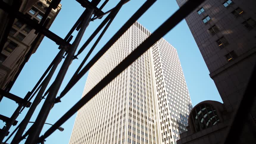 Metal scaffolding set up in a downtown area