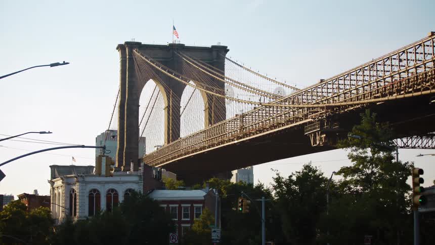 View of brooklyn bridge tower with suspension cables