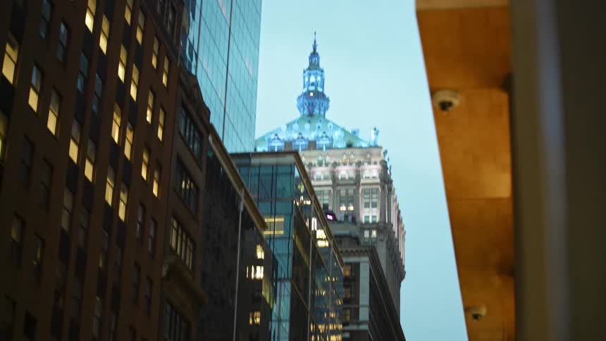 Office buildings and stores on a city street