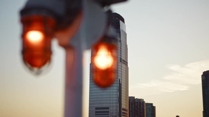 Lights in front of skyscrapers in a city