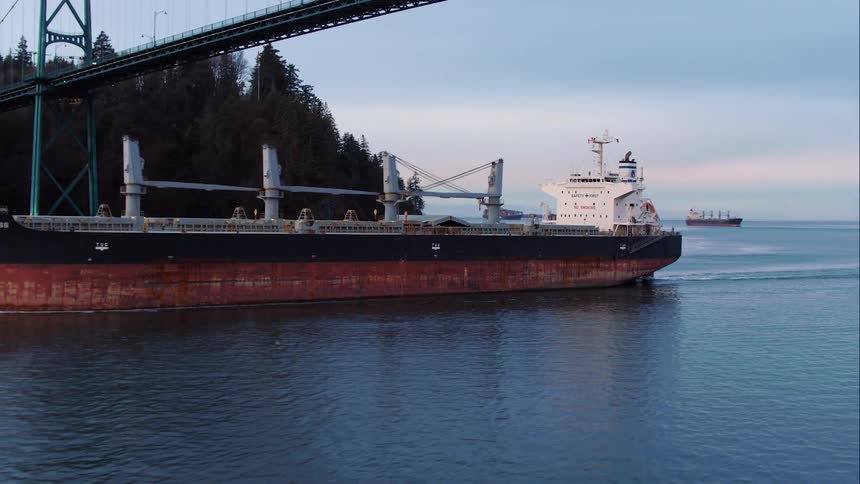A large ship passing under Lions Gate Bridge entering Vancouver Harbour