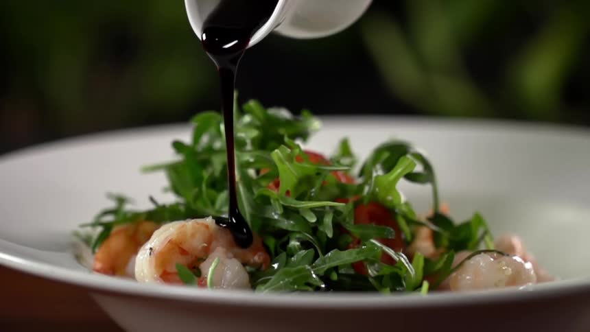 Sauce pours from a gravy bowl onto a plate of shrimp and vegetables