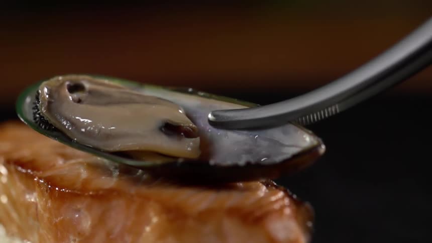 A person sets a clam shell on a piece of salmon