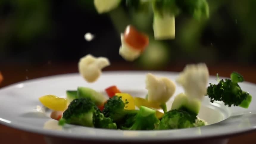 A macedoine of vegetables including peppers broccoli cauliflower and brussel sprouts are poured into a soup bowl as some fall off the edge