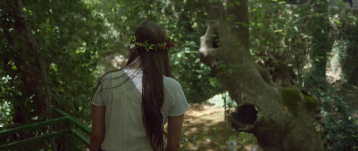 A woman is standing in a forest on a sunny day