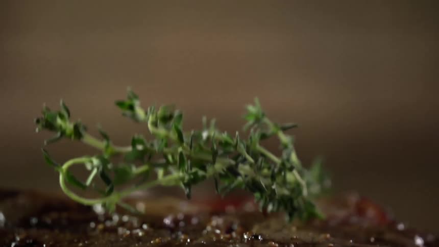 A sprig of fresh herbs is dropped on to brown glistening meat with grill marks