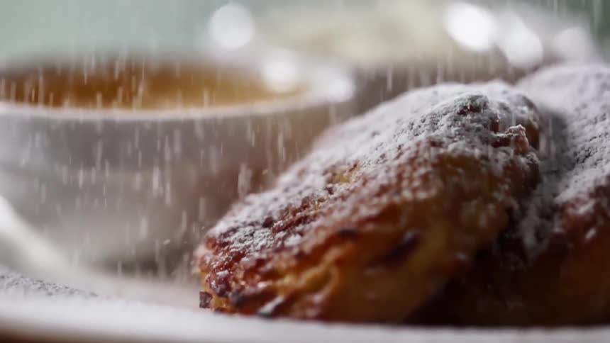 Confectioners sugar sprinkles on to a dessert plate