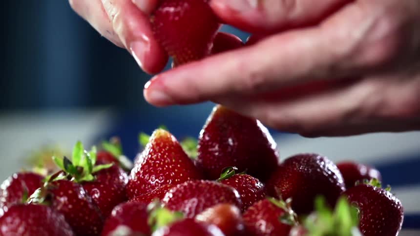 Close up of a mans hands hulling fresh red strawberries