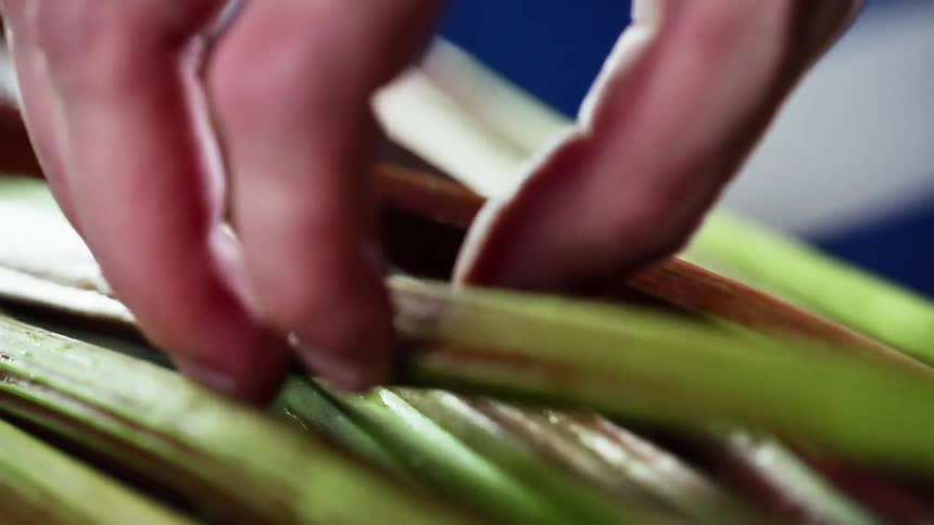 A single green bean is picked up from a pile
