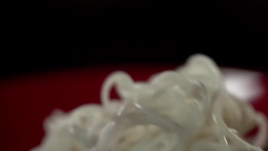 A bunch of white noodles are dropped down into a bowl where they bounce and then come to rest in a pile