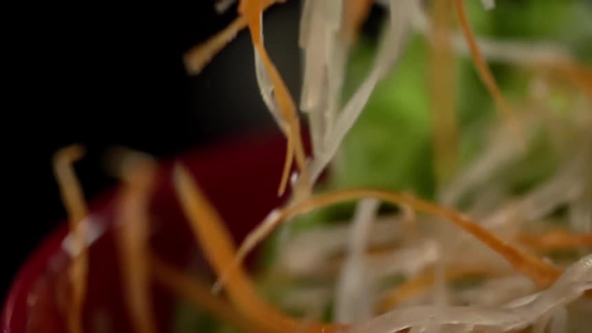 Noodles and carrots drop into a red bowl