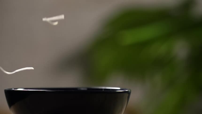 Bean sprouts drop into black bowl with green plant in background