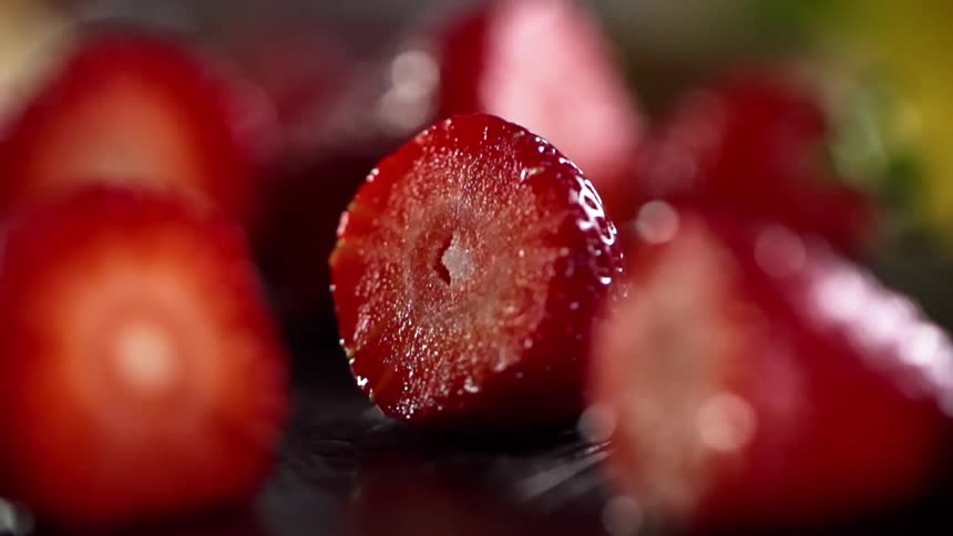 Cut strawberries on a tabletop