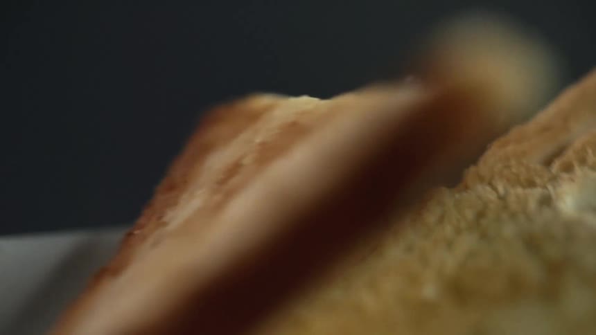 Two wedge shaped pieces of plain toast are dropped into a dish