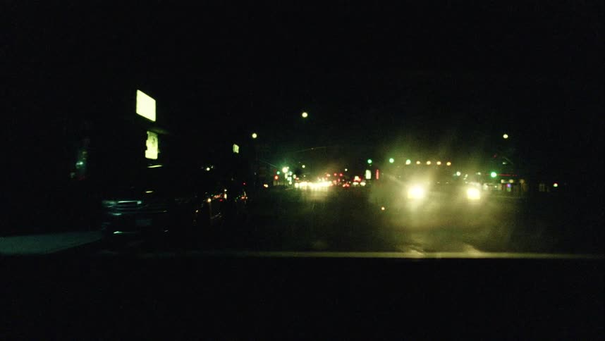 Driving along busy street at night passing billboards and businesses