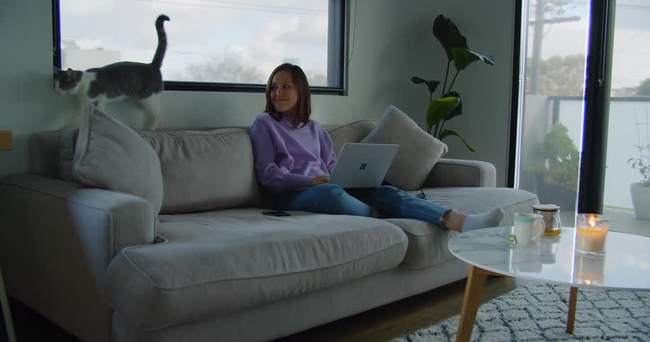 Woman sitting on couch types on laptop stopping to smile at cat walking behind her