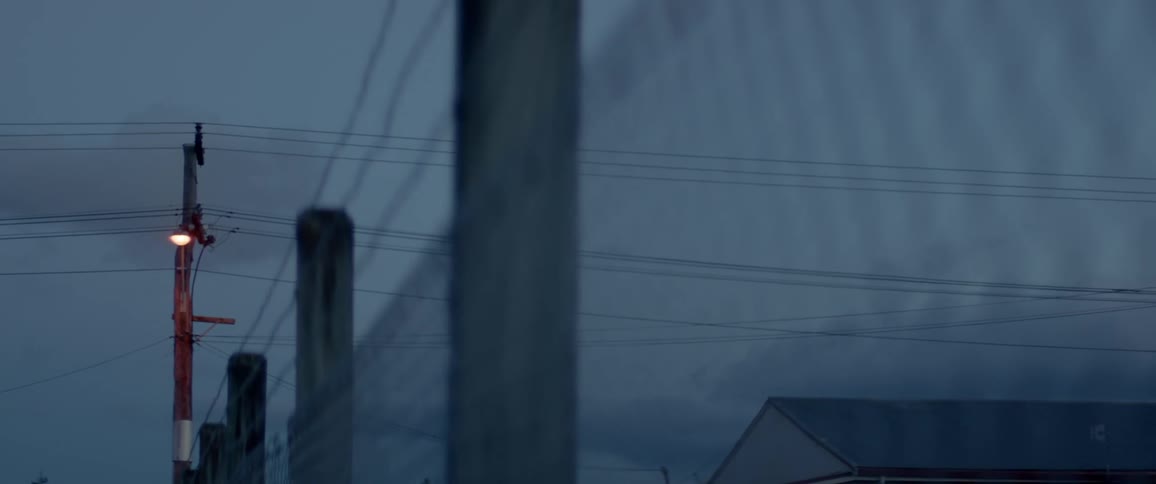 A street lamp glows at dusk