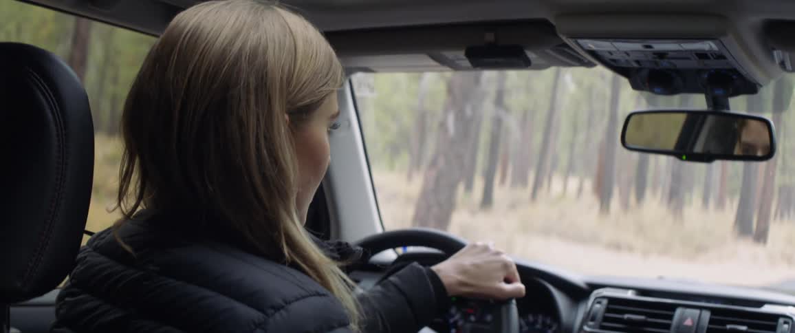 A woman is driving an suv through a forest during the day
