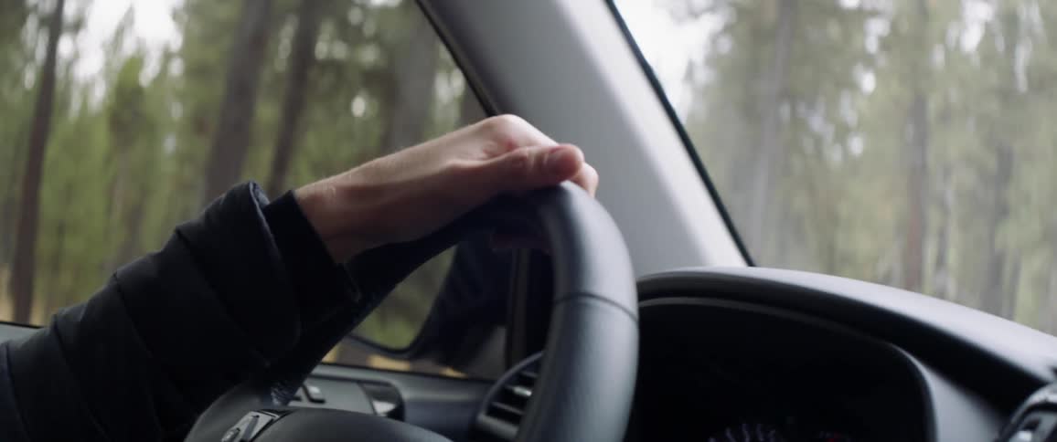 A person steers a car on a wooded road