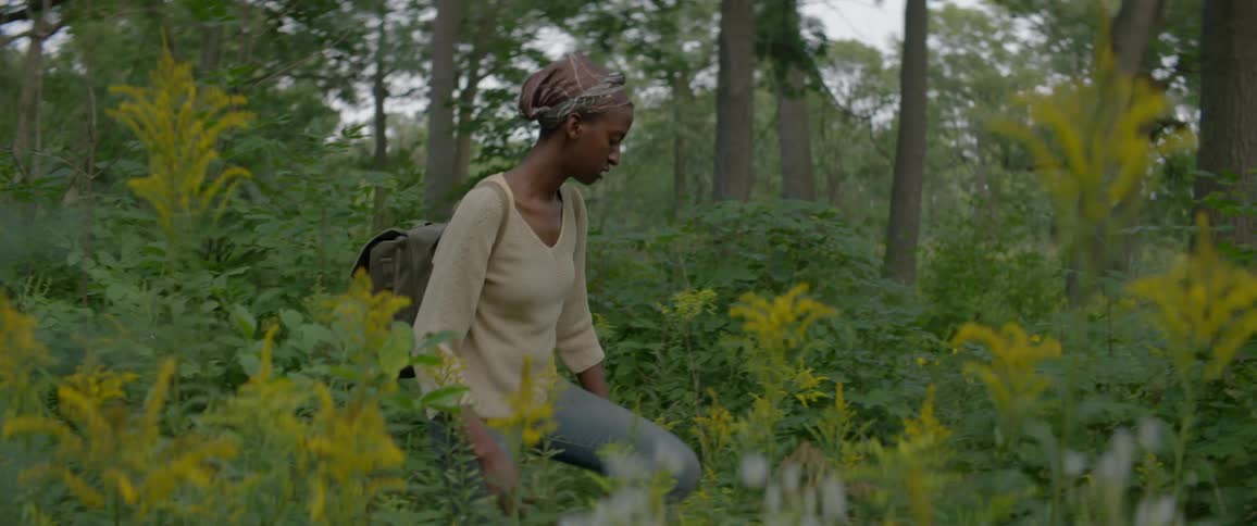 Woman hikes alone in a forest