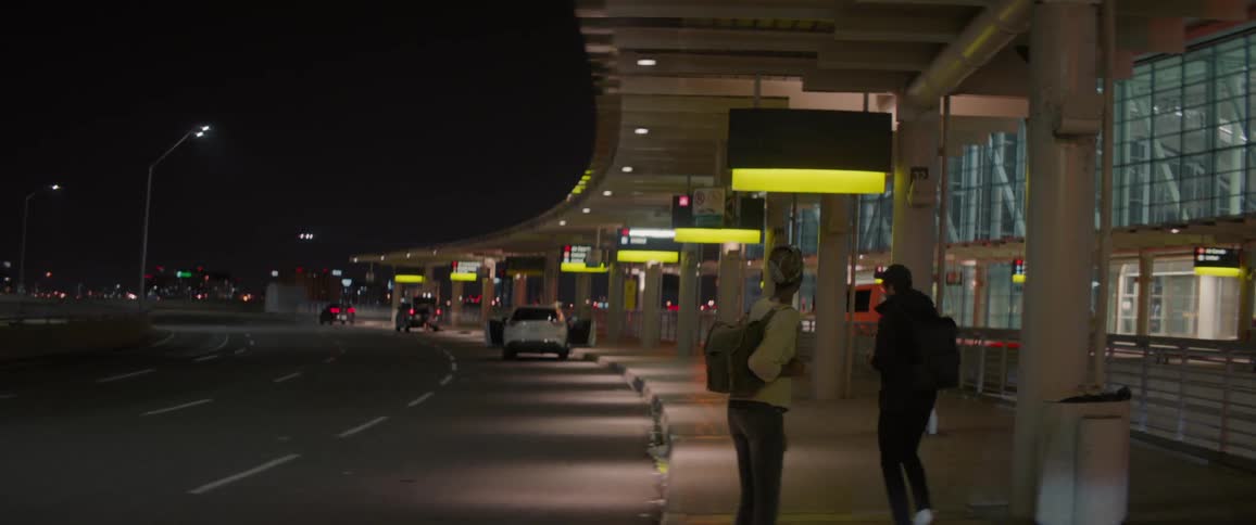 A girl standing outside an airport tries to stop a passerby