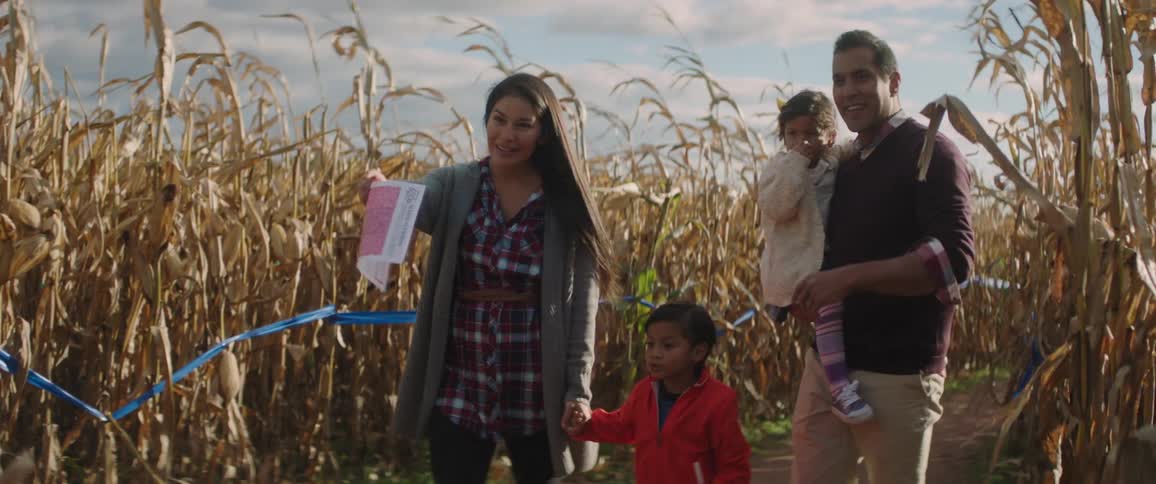 A family are making their way through a corn maze while laughing