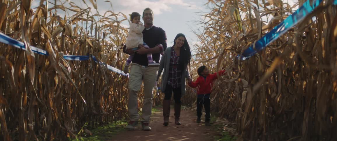 A family walks in a corn maze