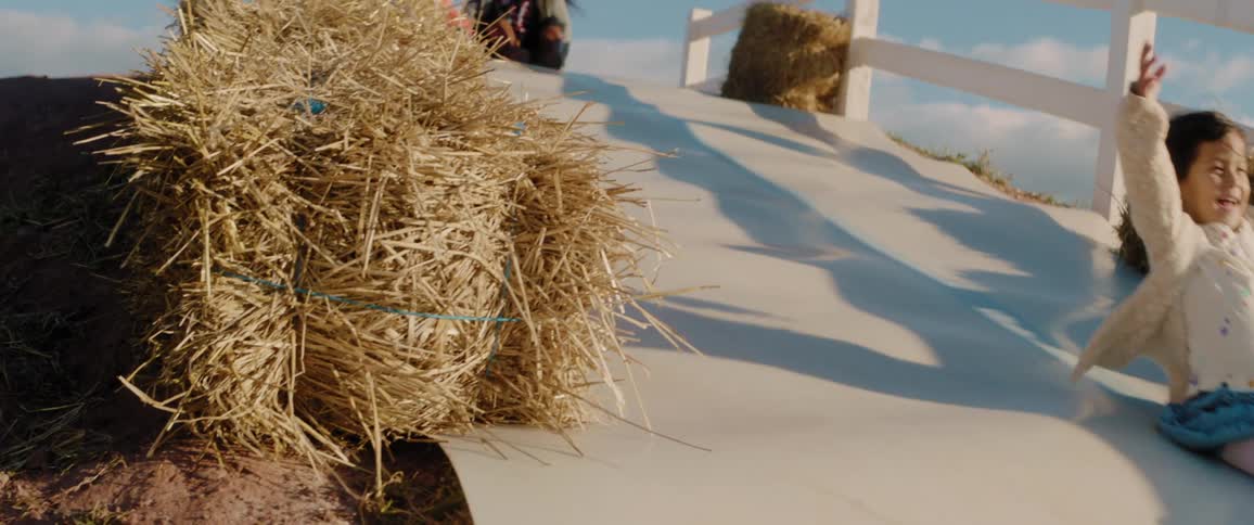 A girl slides down a hill on a farm