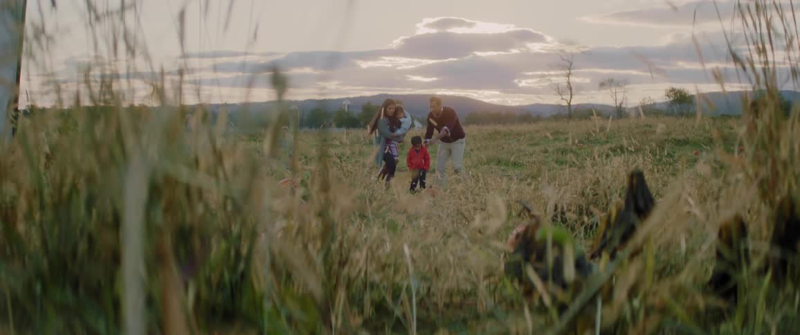 A family stands in a rural field at sunset