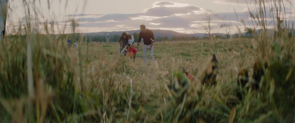 A family are walking through a field together looking for pumpkins