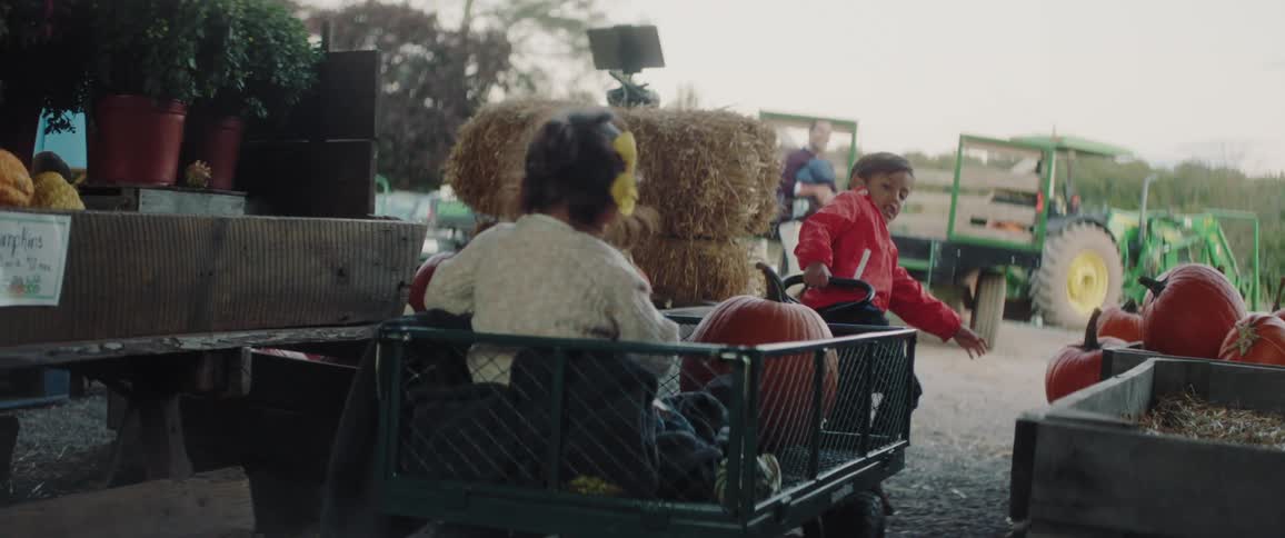 A boy pulls a wagon on a pumpkin farm