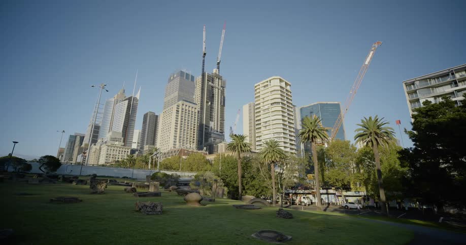 A city with trees roads vehicles and buildings with the sky in the background