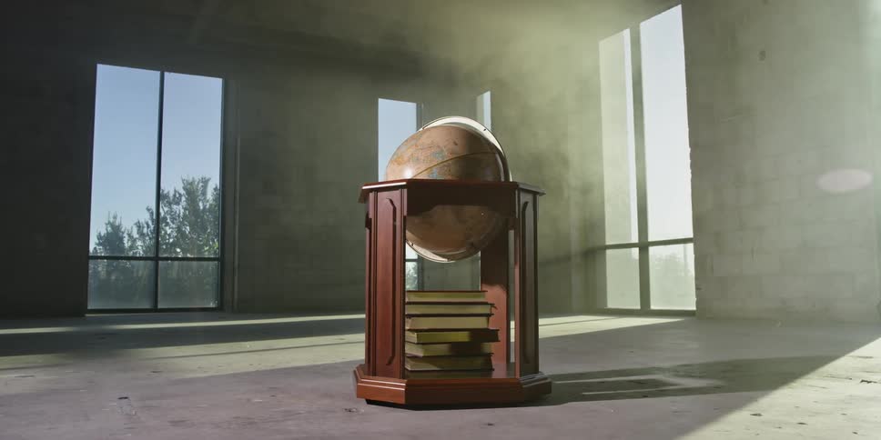 Globe in wooden frame spins with books stacked beneath in empty room