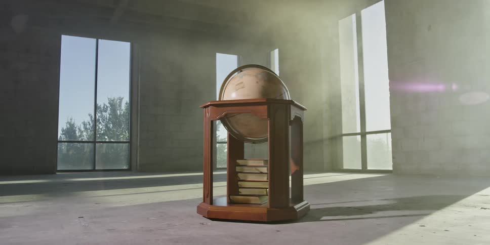 A globe rotating on a spinning pedestal with books underneath with windows in the background