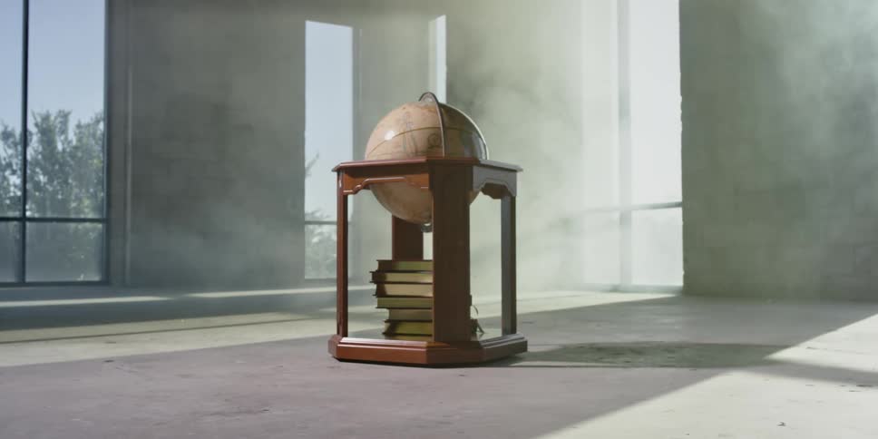 A globe stand functioning as a bookshift spins in a room filled with mist on a sunny day