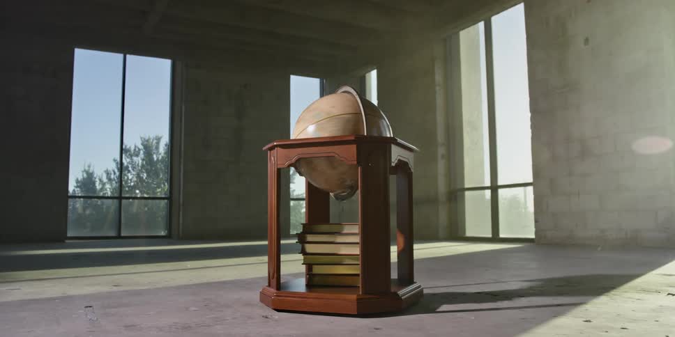 An empty room with aglobe on a stand spinning above books as the stand also spins