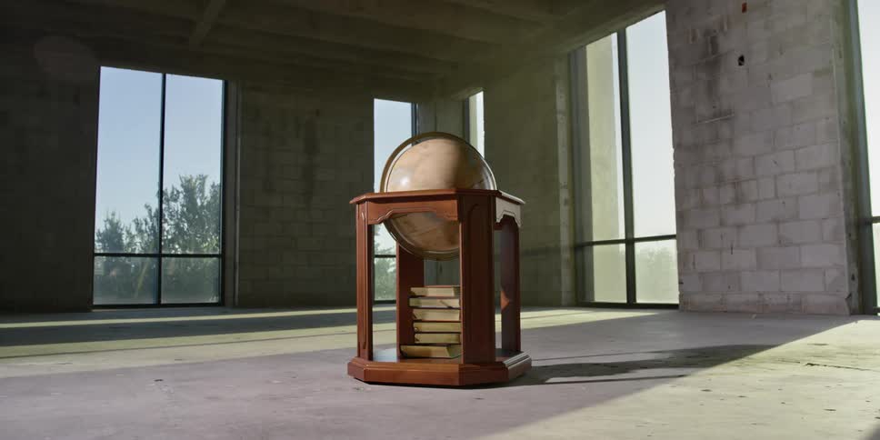 The globe spins in the cabinet