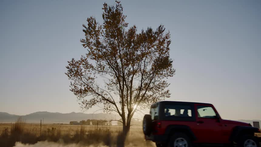 The sun shines through a tree and a car drives on a dirt road