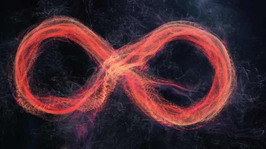 Black orange yellow and gray colors that look like an infinity shape fire with smoke coming off of it