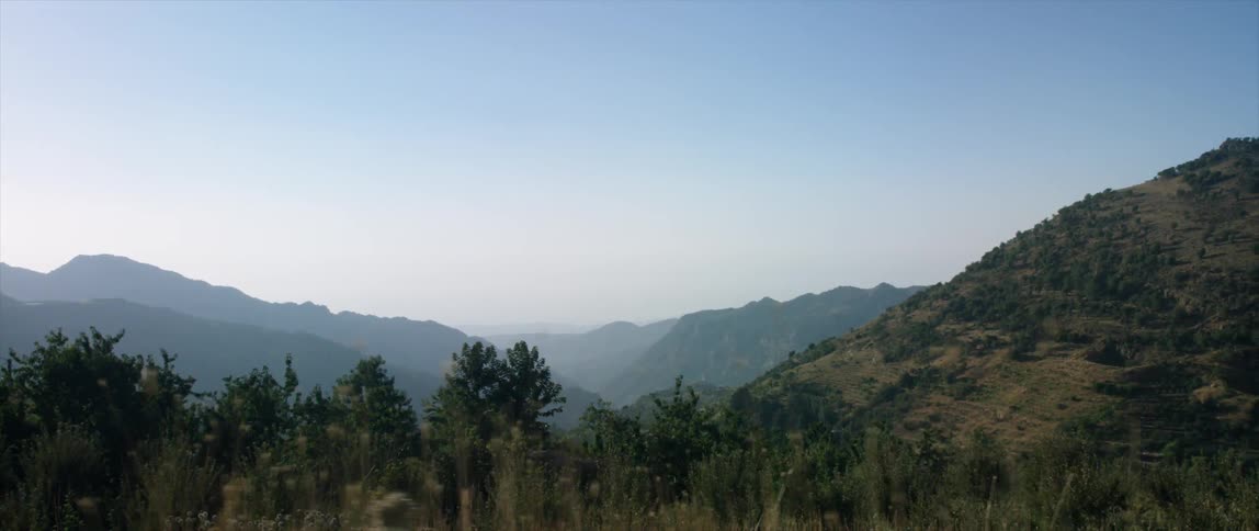 Moving past a mountain range covered in grass and trees