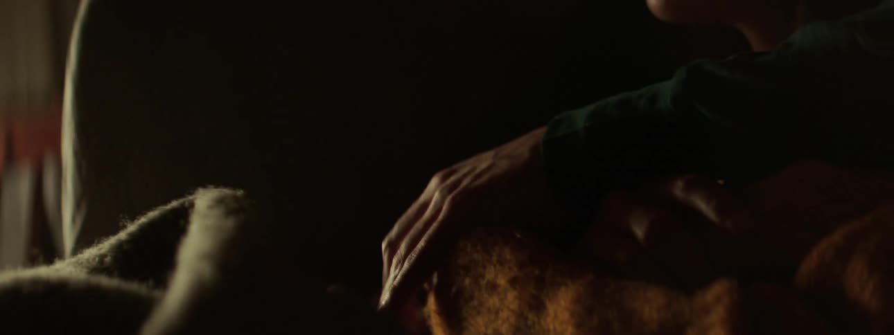 Man with a beard and woman watch a fireplace cuddle each other on a couch