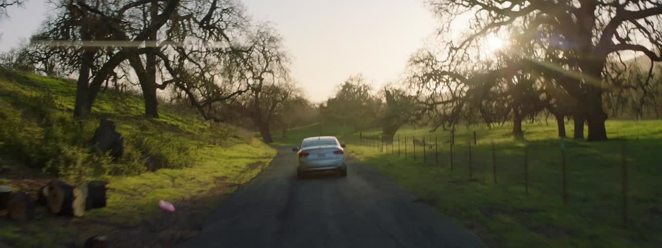 A car is driving in a rural area at dusk
