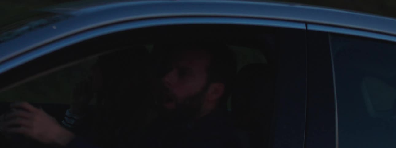 Man with a beard drives a car
