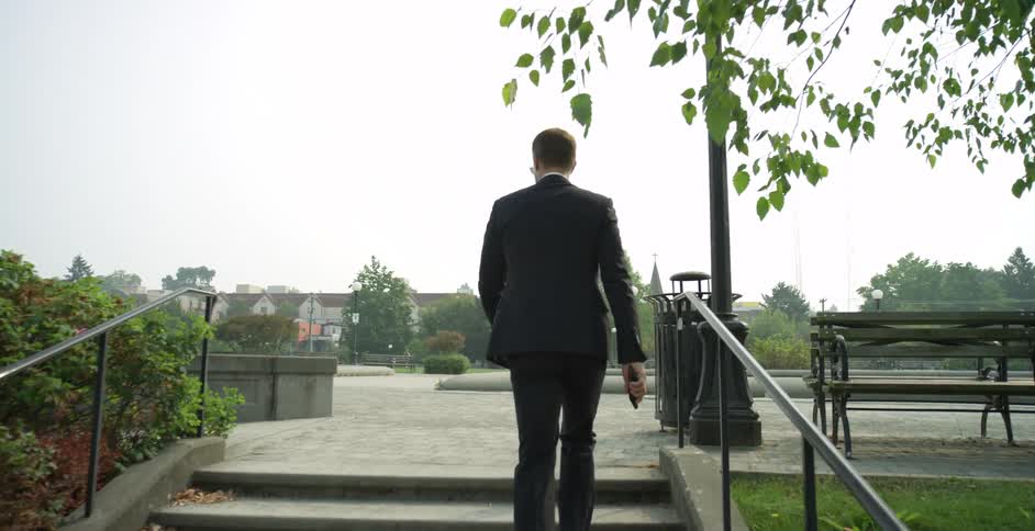 A man in a suit walking up a staircase in a park with trees houses and the sky in the background