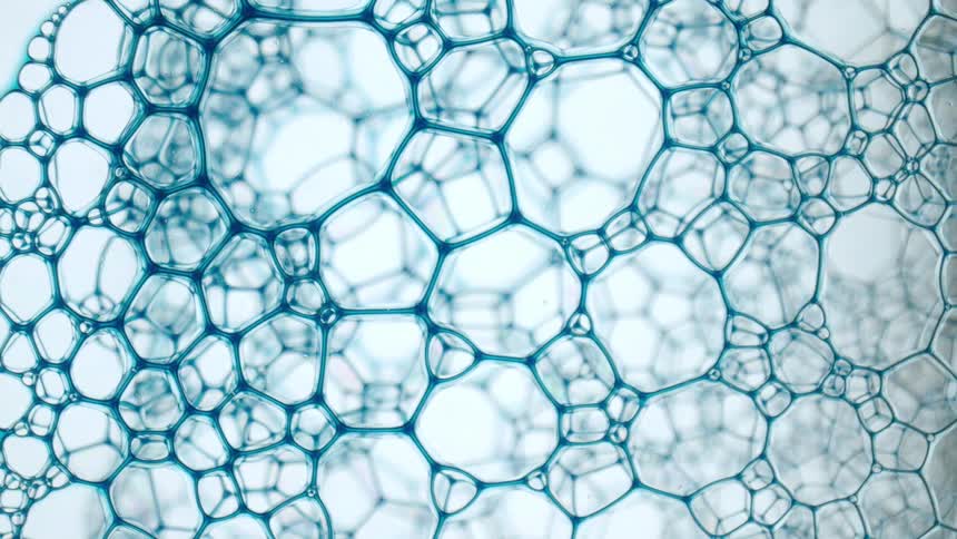 Web of soap bubbles infused with blue ink over a white background
