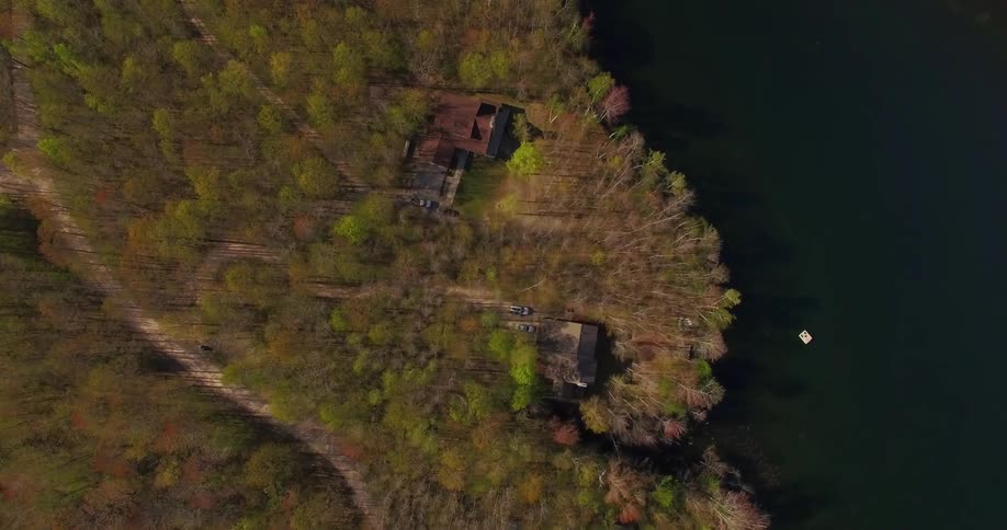 Aerial view of some homes sitting near a forest by a lake