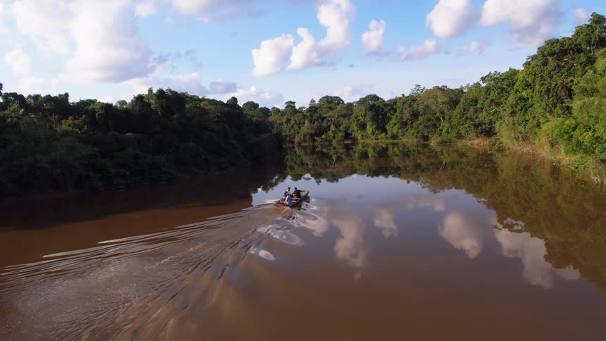 Aerial view of a boat on a river through the tropical forest