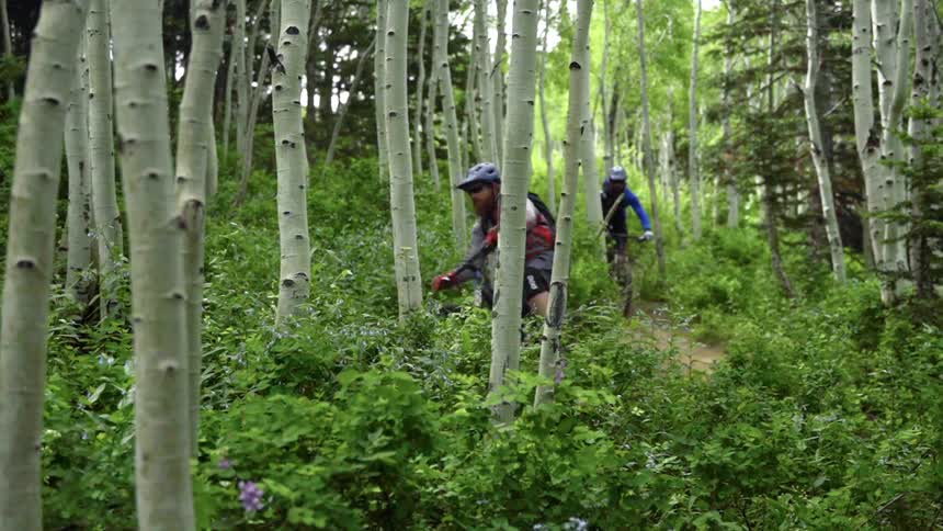 People ride their mountain bikes down the steep trail