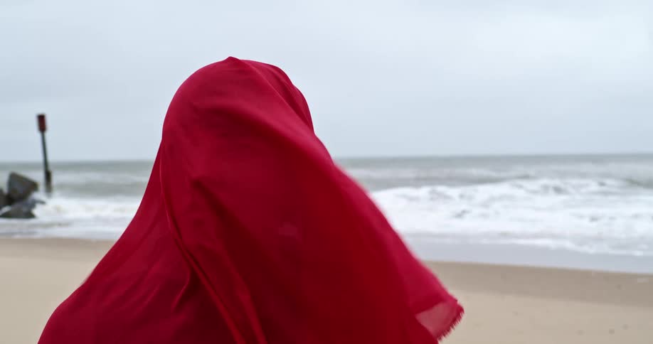 A person standing on a beach looking out towards the ocean while cloaked in red fabric that flaps in the wind