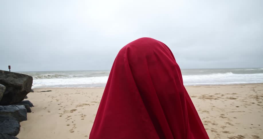 A person with their head covered up stands on the shore and looks out at the water